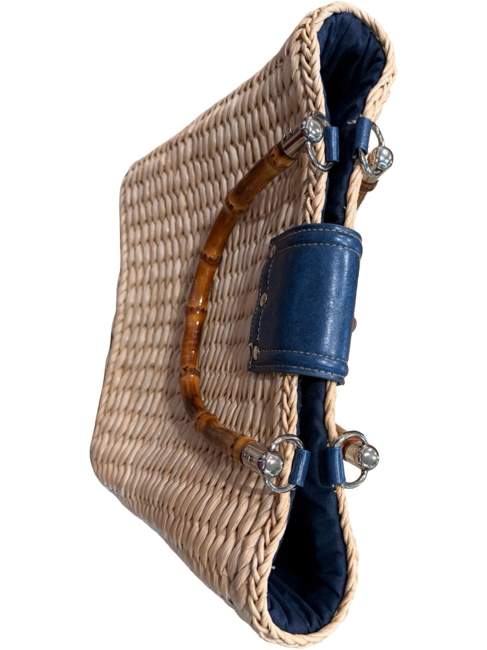 Cappelli Straworld Inc Woven Straw Bamboo Handle Basket Tote Bag Navy - Picture 6 of 11